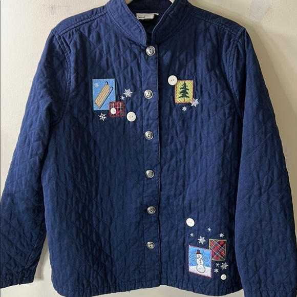 Breckenridge Navy Blue Embroidered Holiday Christmas Quilted Jacket Size Large - Picture 1 of 10